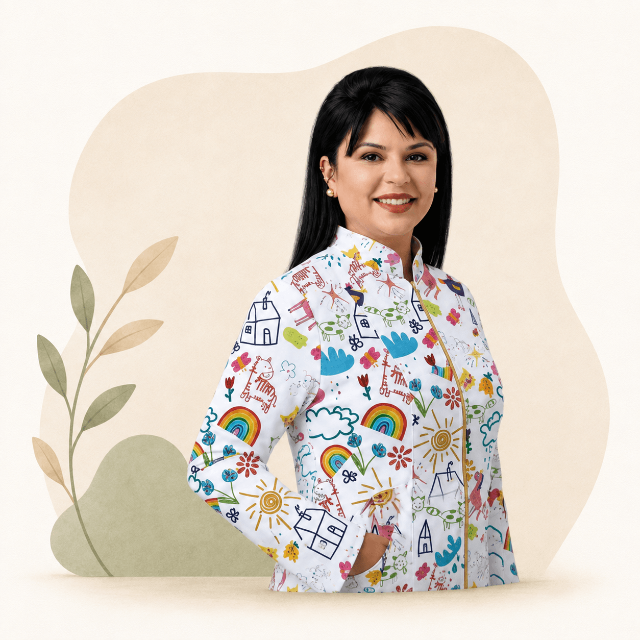 Christine Santos, Terapeuta Ocupacional, com jaleco colorido