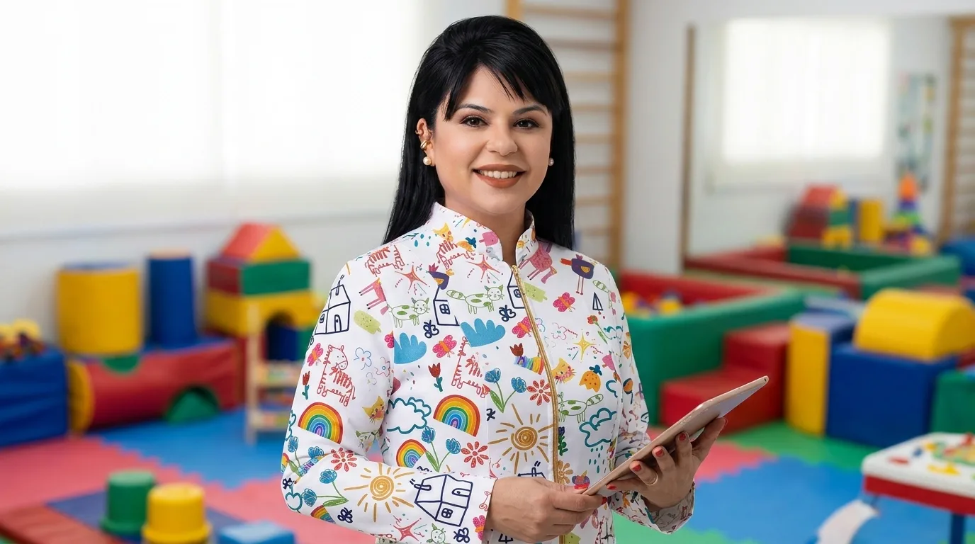 Christine Santos com jaleco infantil colorido segurando um tablet em sala de atendimento
